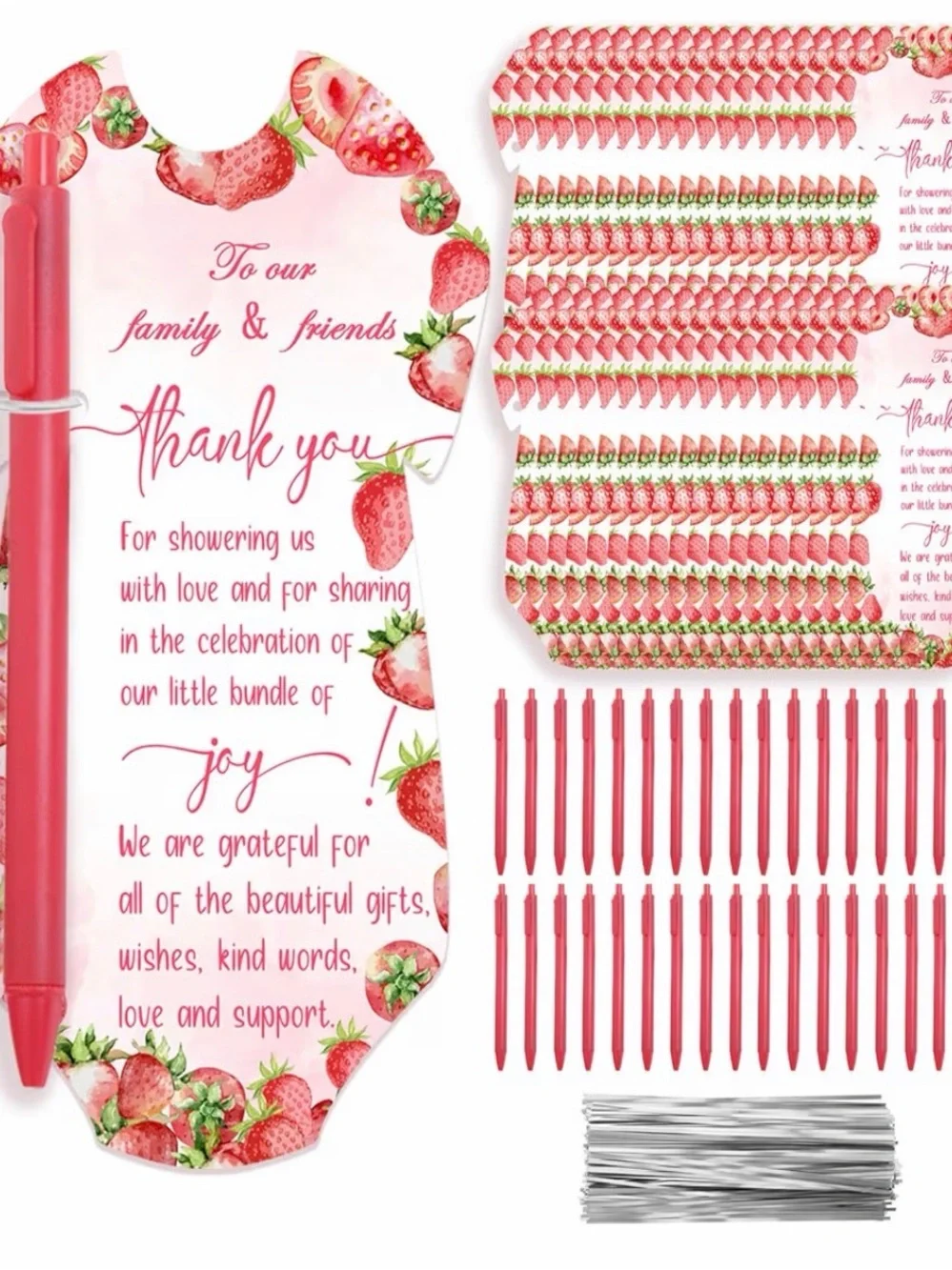 Strawberry Pink Baby Shower Thank You Pen and Card Set